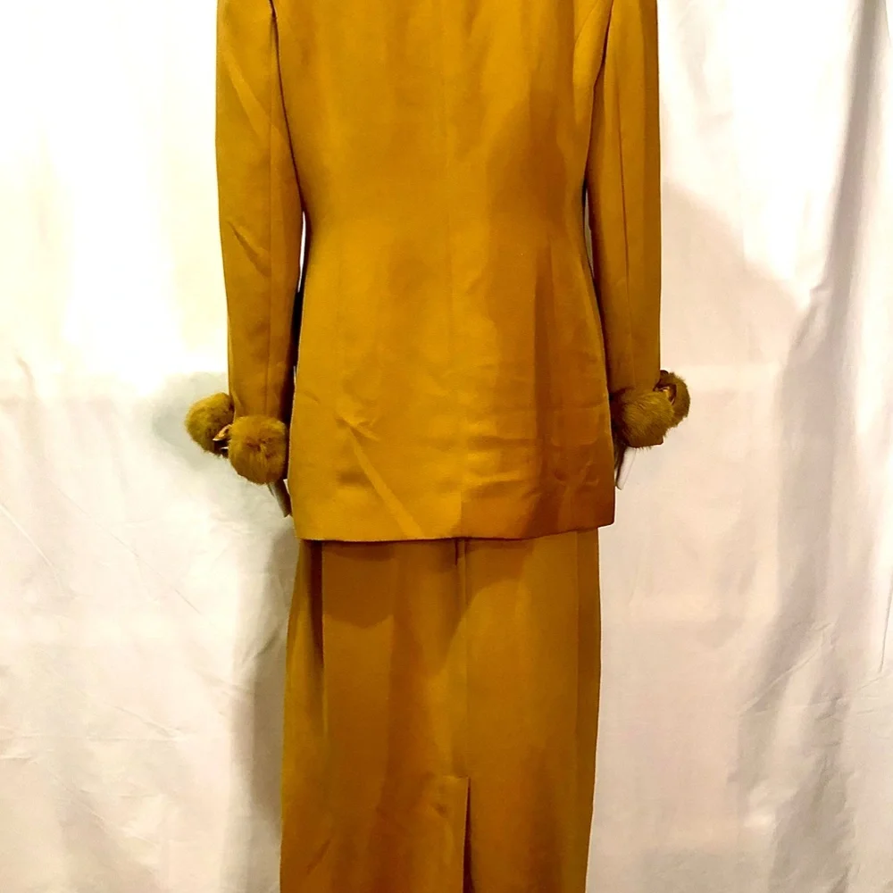 MILANO Gold Button down Long sleeve Suit coat and midi skirt Fur Accents Luxe - Picture 4 of 7